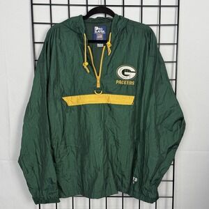 Vintage Green Bay Packers Pro Player Windbreaker Mens XL Pullover 1/4 Zip Hooded